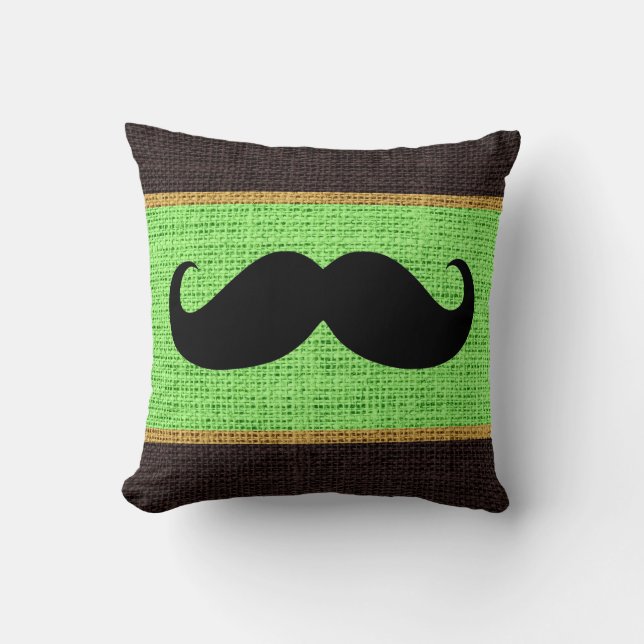 Black Moustache Mint Green Burlap Jute Background Throw Pillow (Front)