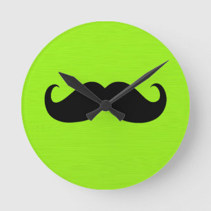 Black Moustache on Green Background Round Clock