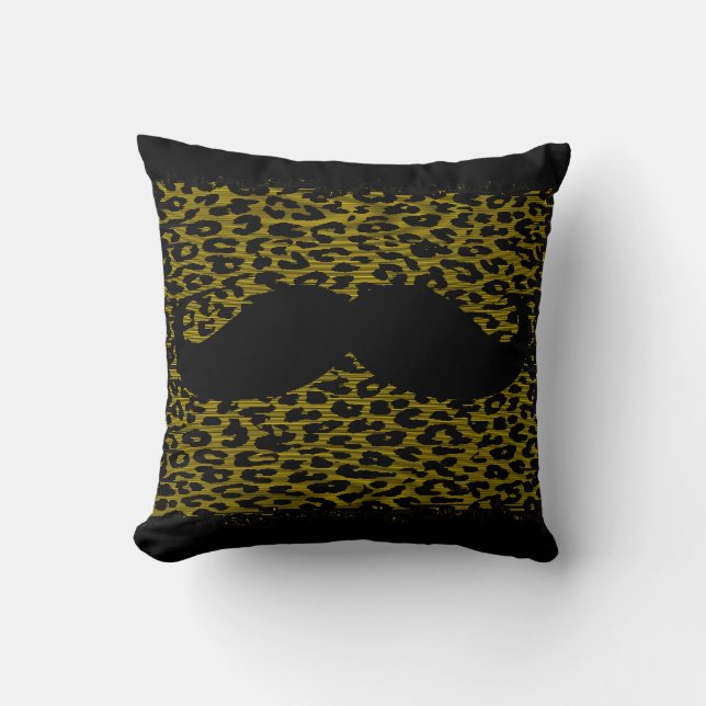 Black Moustache on Leopard Skin Throw Pillow (Front)