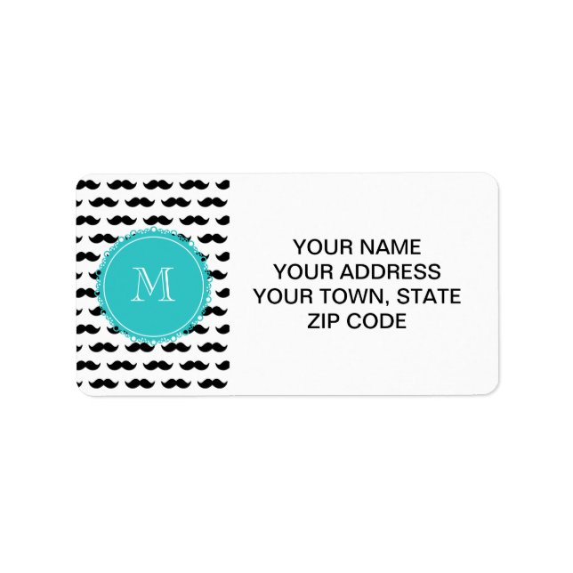 Black Moustache Pattern, Teal Monogram Label (Front)