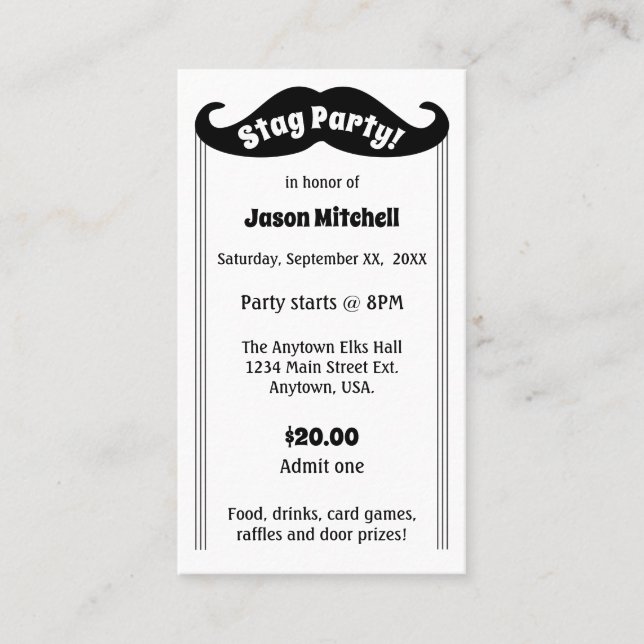 Black Moustache Stag and Bachelor Party Ticket (Front)