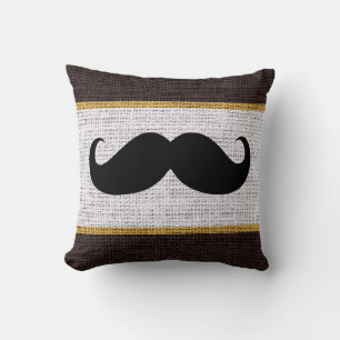 Black Moustache White Burlap Jute Background Throw Pillow