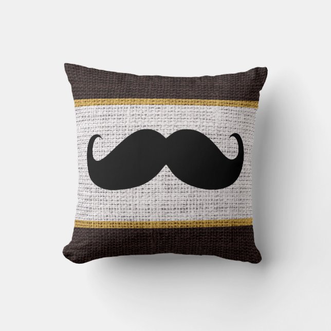 Black Moustache White Burlap Jute Background Throw Pillow (Front)