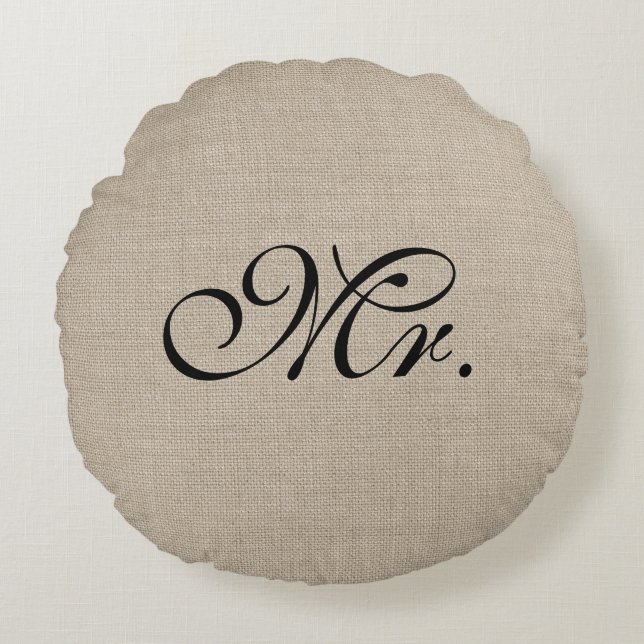 Black Mr. Burlap Round Throw Pillow (Front)