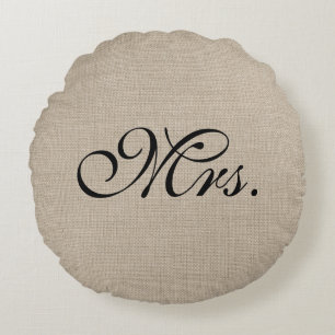 Black Mrs. Burlap Round Throw Pillow