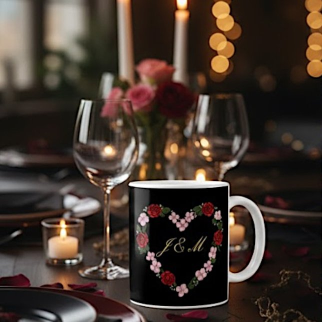 Black mug with crown of pink and red flowers (Creator Uploaded)