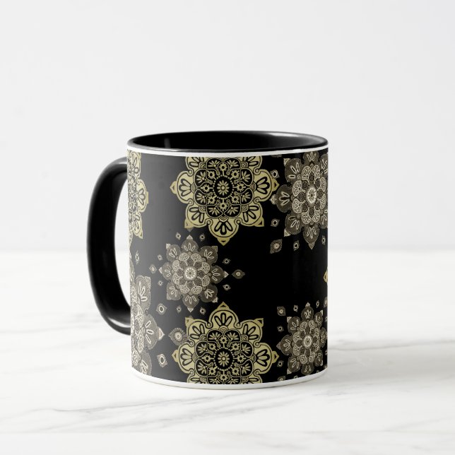 Black Mug with gold Medallions (Front Left)