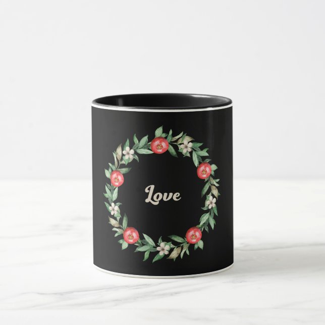 Black Mug with Pink Pomegranate Wreath-Love Print (Center)