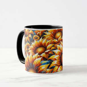 Black mug with sunflowers in orange and yellow 