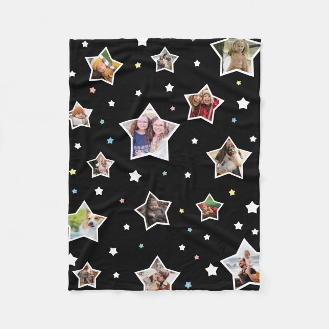 Black Multi Coloured Star Shaped Photos Fleece Blanket (Front)