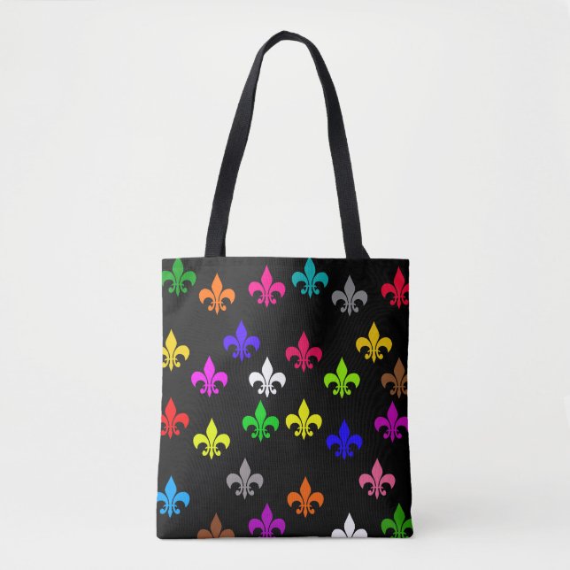 Black Multicolored Fleur-de-lis Pattern Design Tote Bag (Front)