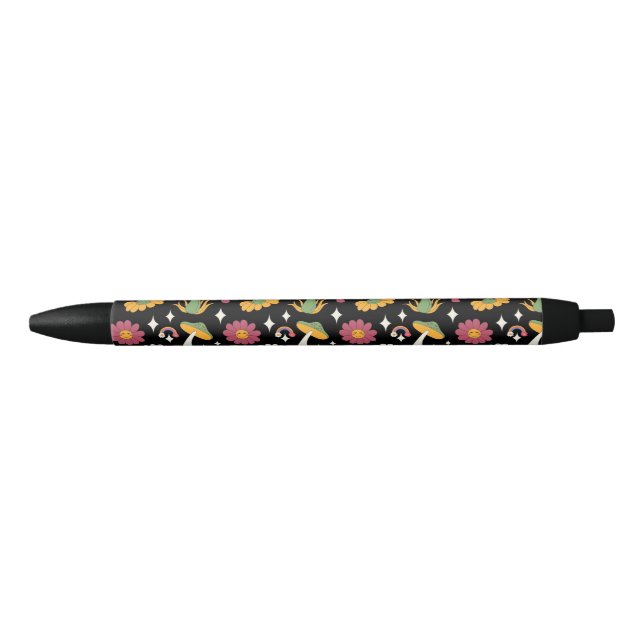 Black Mushroom, Rainbow and Daisies Pattern Black Ink Pen (Front)