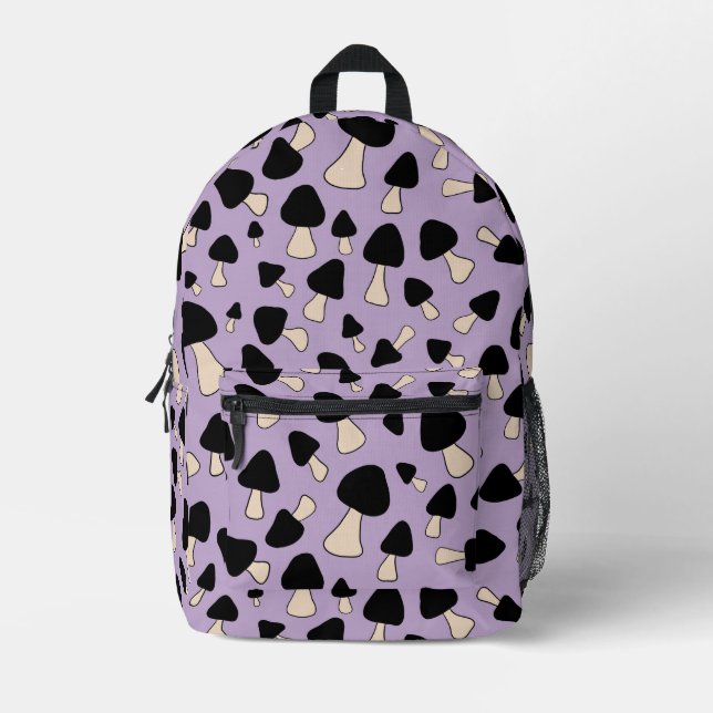 Black Mushrooms on Soft Purple Printed Backpack (Front)