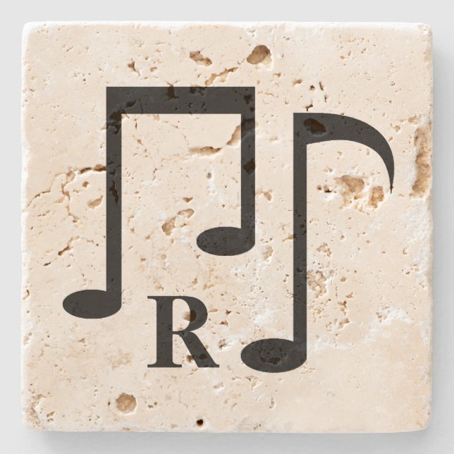 Black music notes and monogram stone coaster (Front)
