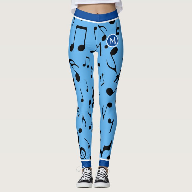 Black Music Notes Blue Leggings (Front)