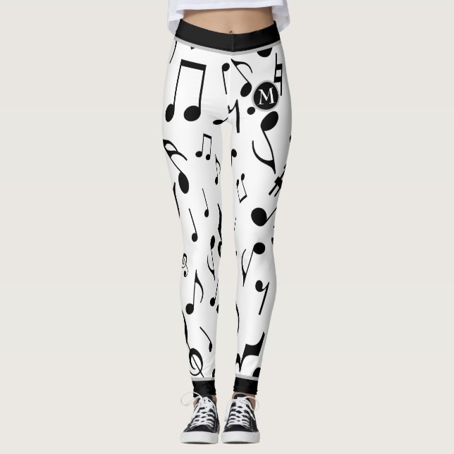 Black Music Notes White Leggings (Front)