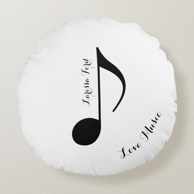 black musical-note with custom name round pillow (Front)