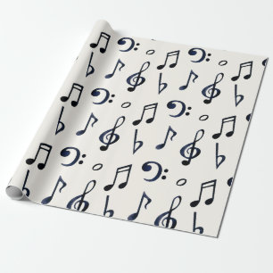 Black Musical Notes, Bass Treble Clefs On White Wrapping Paper