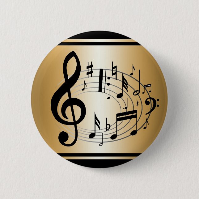 Black musical notes in oval shape on gold 2 inch round button (Front)