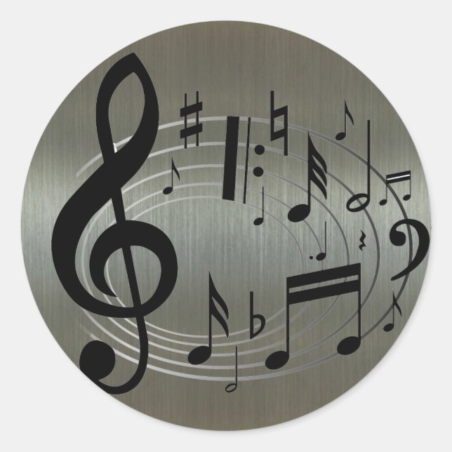 Black musical notes on aluminum background classic round sticker (Front)