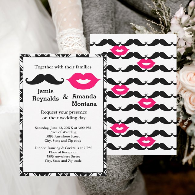 Black Mustache and Pink Lips Couple Wedding Invitation (Black Mustache and Pink Lips Couple Wedding Invite)