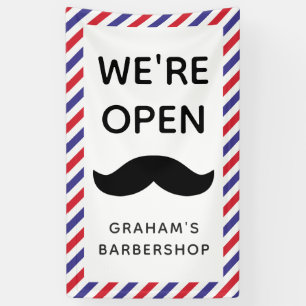 Black Mustache Barbershop Stripes Open Banner