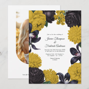 Black & Mustard Photo/QR Code Floral Wedding Invitation