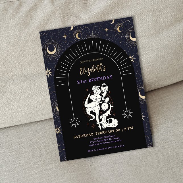 Black Mystic Aquarius Zodiac 21st Birthday  Invitation (Black Mystic Aquarius Zodiac 21st Birthday Invitation)