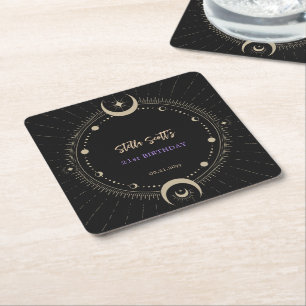 Black Mystic Celestial Moon 21st Birthday  Square Paper Coaster