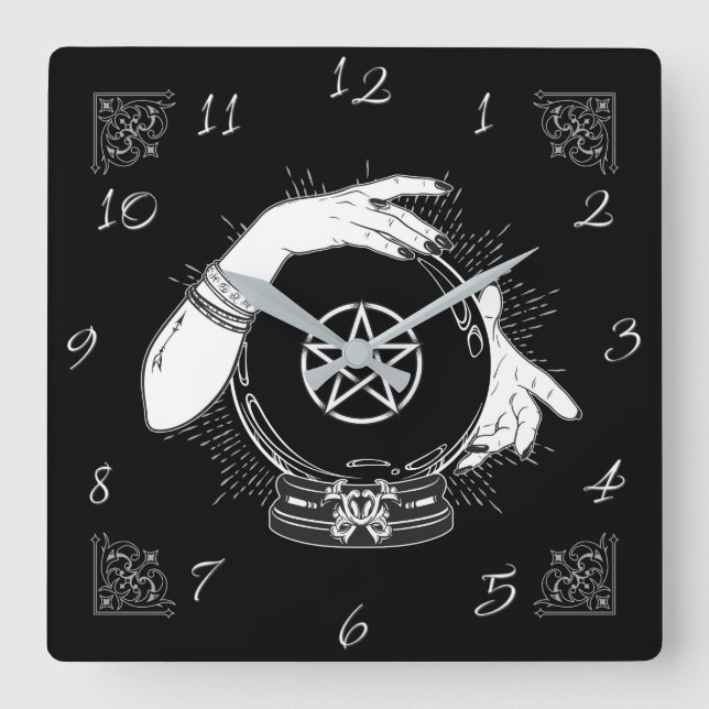 Black Mystic Fortune Teller Mystical Crystal Ball Square Wall Clock (Front)
