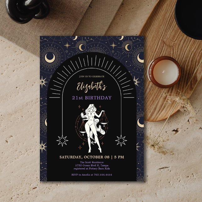 Black Mystic Libra Zodiac 21st Birthday  Invitation (Black Mystic Libra Zodiac 21st Birthday Invitation)
