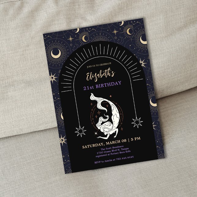 Black Mystic Pisces Zodiac 21st Birthday  Invitation (Black Mystic Pisces Zodiac 21st Birthday Invitation)