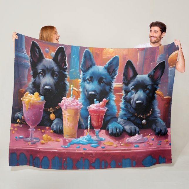 Black N Blue German Shepherd Puppies N Milkshakes Fleece Blanket (In Situ)