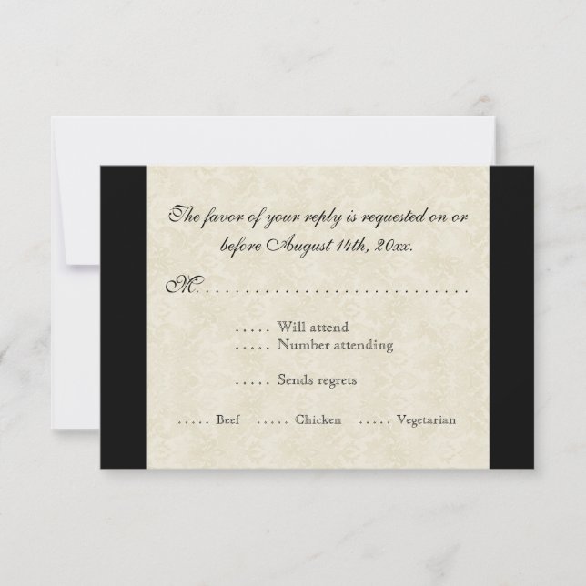 Black n Cream Fleur de Lis Damask Wedding RSVP Card (Front)
