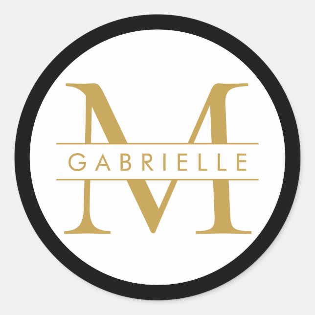 Black n Gold Border Monogram Favour Sticker Label (Front)