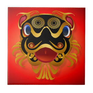 Black 'n Gold Chinese Dragon Face Tiles 'n' Trivet