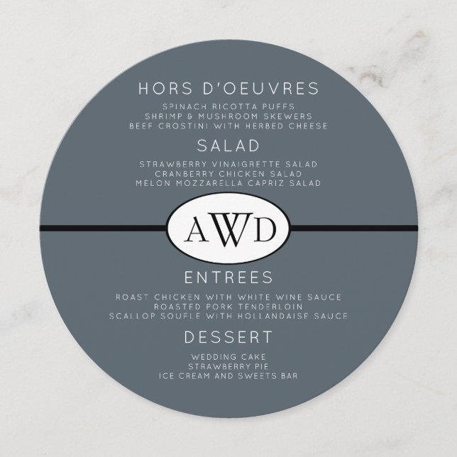 Black n Grey Round Wedding Monogram Menu Template (Front)