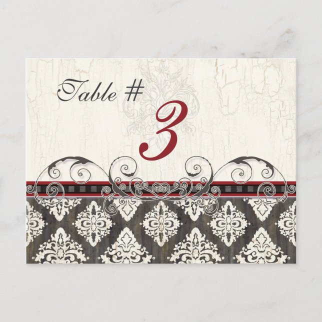 Black 'n White Damask red Table Card Number (Front)