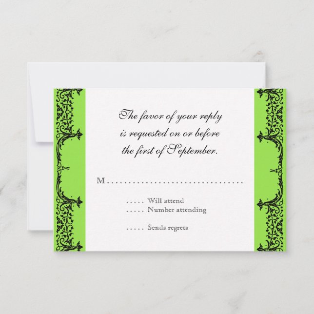 Black n White Fleur de Lis Damask Wedding RSVP Card (Front)