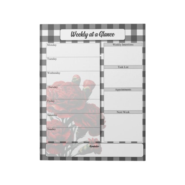 Black n White Floral Gingham _ Week At a Glance Notepad (Rotated)