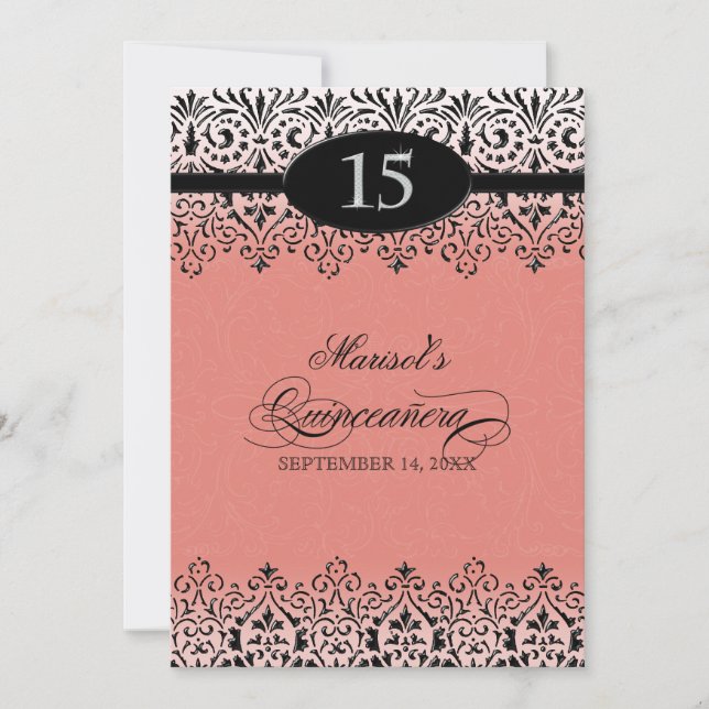 Black n White Lace Look Silver 15th Quinceanera Invitation (Front)