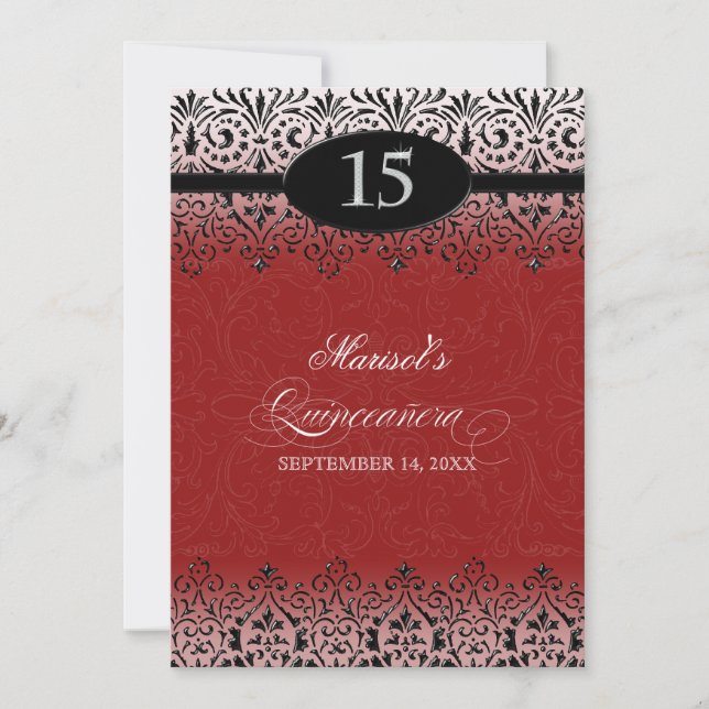 Black n White Lace Look Silver 15th Quinceanera Invitation (Front)