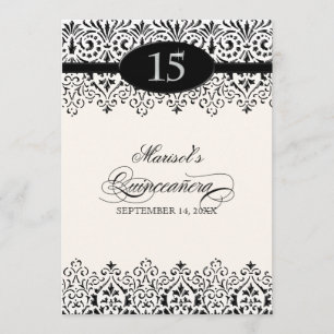 Black n White Lace Look Silver 15th Quinceanera Invitation
