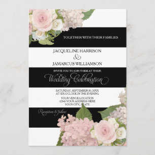 Black n White Striped w Pink Hydrangeas Wedding Invitation