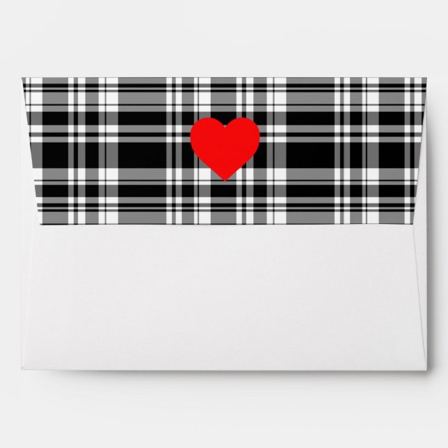 Black N' White tartan plaid with red heart detail Envelopes (Back (Top Flap))