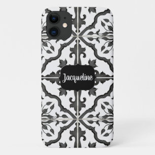 Black n White Watercolor Rustic Farm Tile Pattern iPhone 11 Case