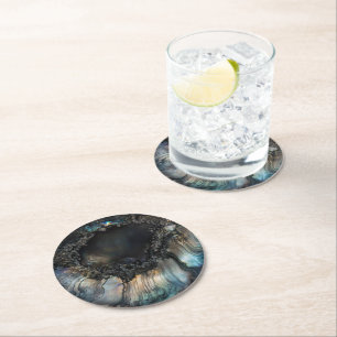 Black Nacre Nature Pattern Round Paper Coaster