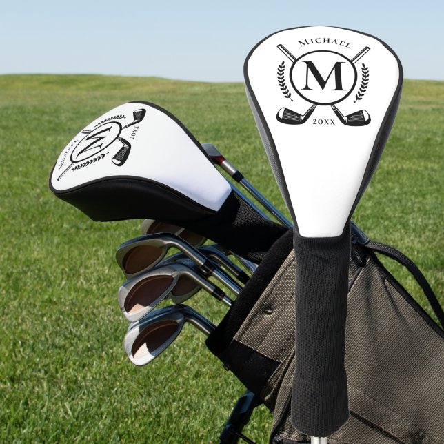 Black Name Monogram On White Golf Club Head Cover (Creator Uploaded)