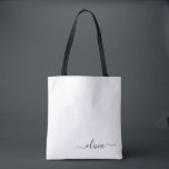 Black Name White Girly Script Monogram Modern Tote Bag<br><div class="desc">Black and White Elegant Add Your Own Name Monogram Book Bag. This Book Bag can be customized to include your initial and first name and given as a gift for Christmas,  Sweet 16 Birthday,  Bridal Shower or a Wedding.</div>