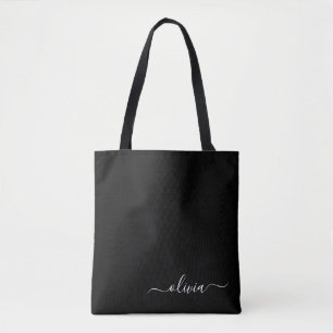 Black Name White Girly Script Monogram Modern Tote Bag